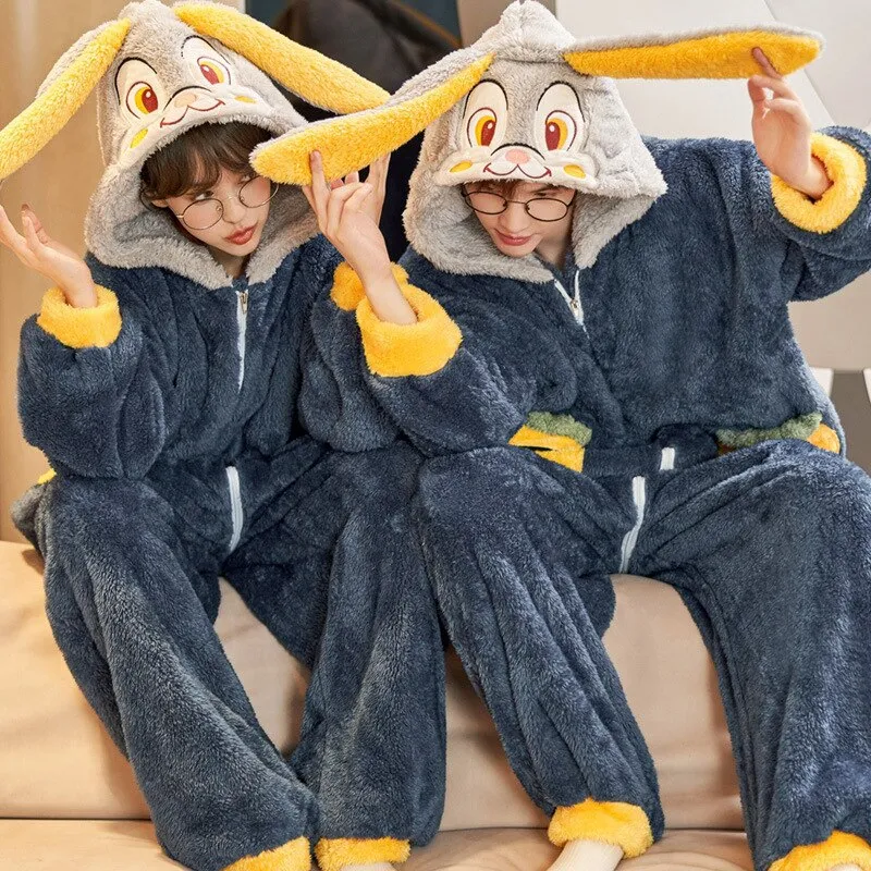 Cartoon Rabbit Themed Couples Pajamas Jumpsuits - Winter Thicken Coral Fleece Sleepwear for Women and Men