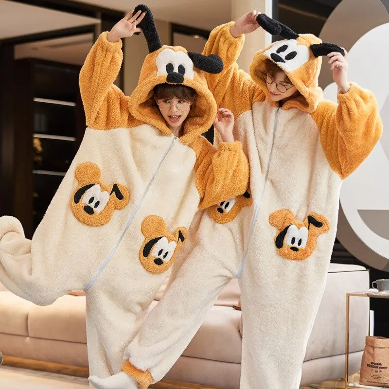 Cartoon Rabbit Themed Couples Pajamas Jumpsuits - Winter Thicken Coral Fleece Sleepwear for Women and Men