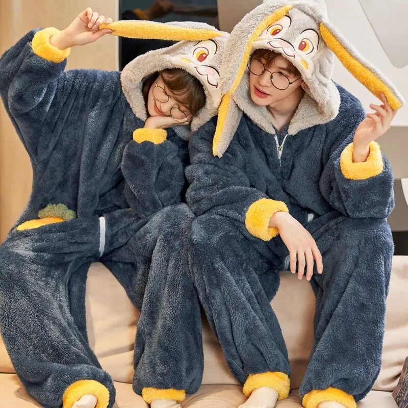 Cartoon Rabbit Themed Couples Pajamas Jumpsuits - Winter Thicken Coral Fleece Sleepwear for Women and Men