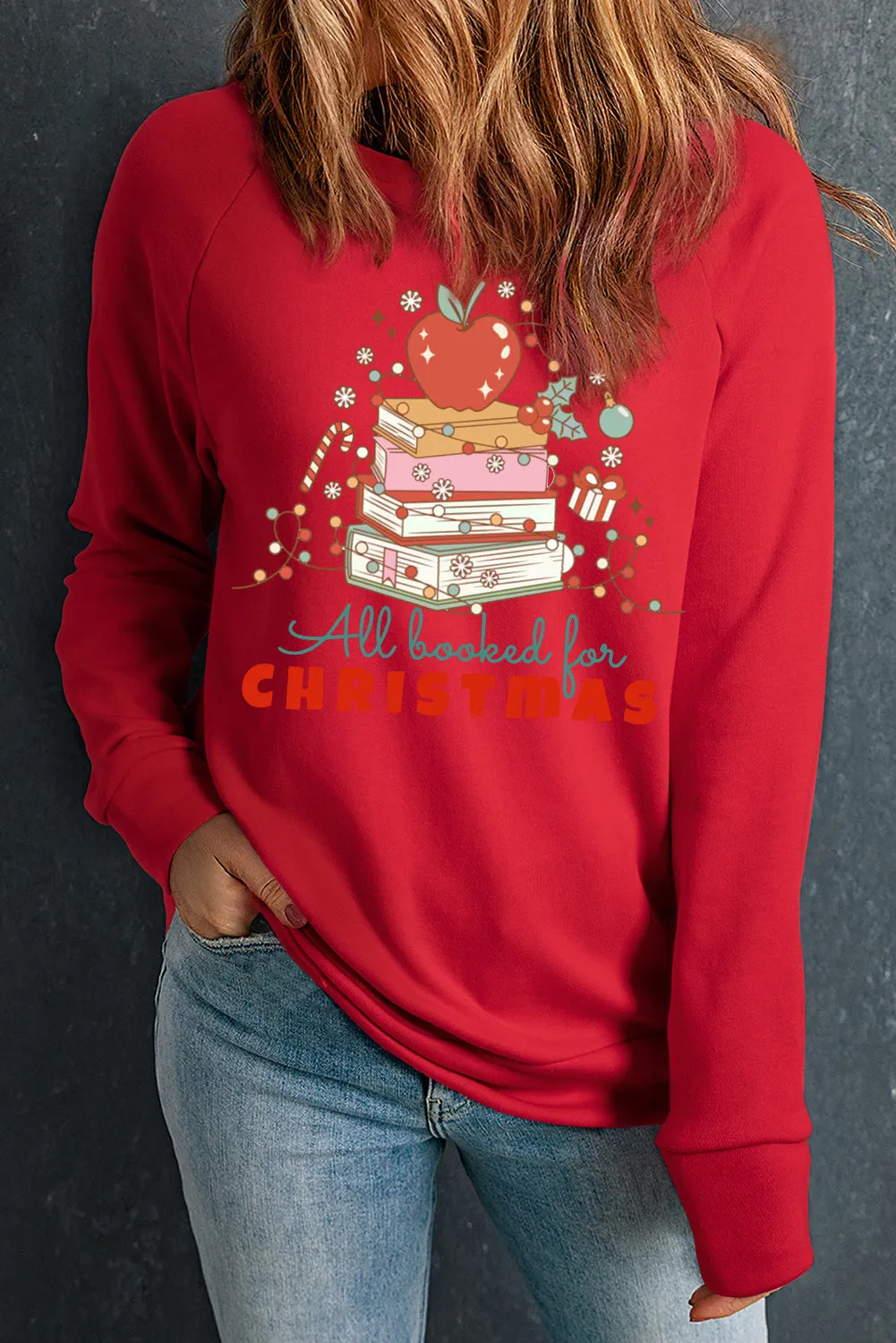 Christmas Plain Crew Neck Apple Pattern Pullover Sweatshirt