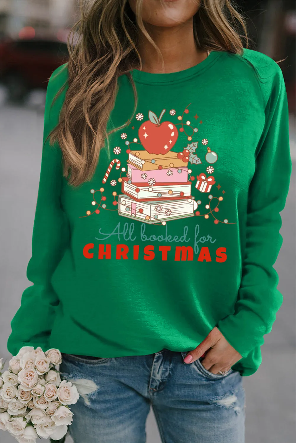 Christmas Plain Crew Neck Apple Pattern Pullover Sweatshirt