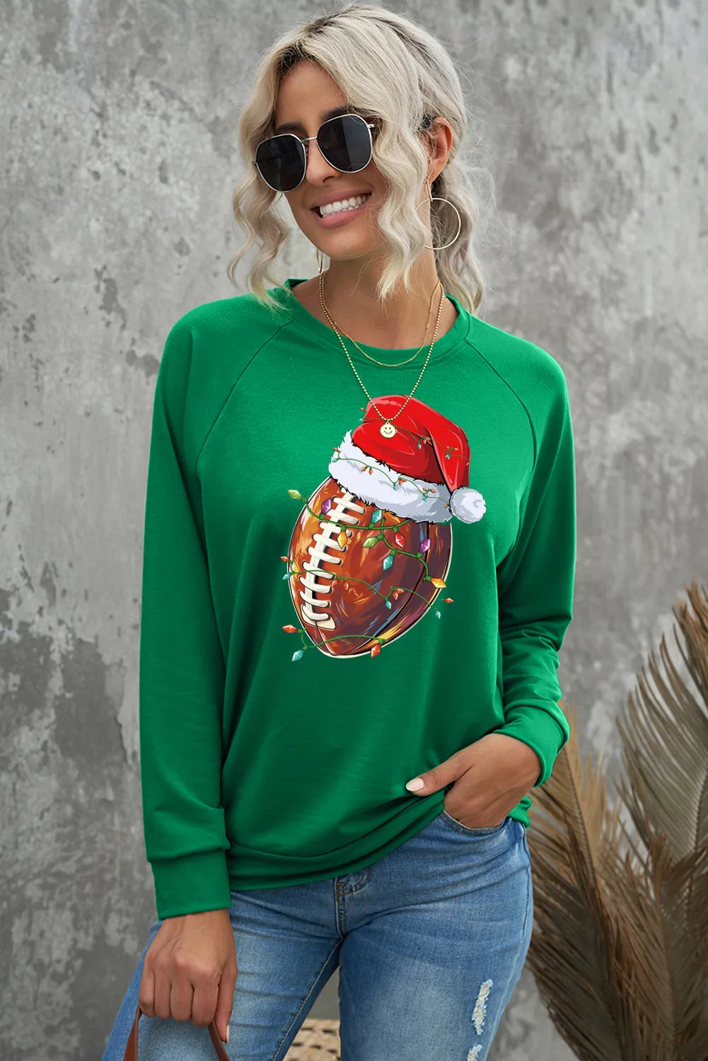 Christmas Ribbed Crew Neck Rugby Christmas Hat Pullover Sweatshirt