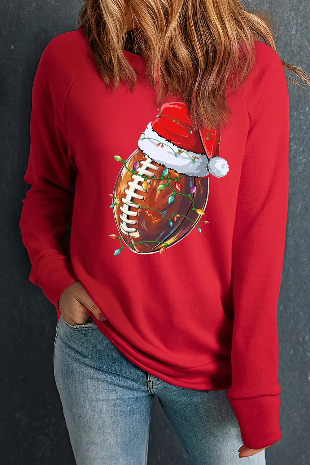 Christmas Ribbed Crew Neck Rugby Christmas Hat Pullover Sweatshirt