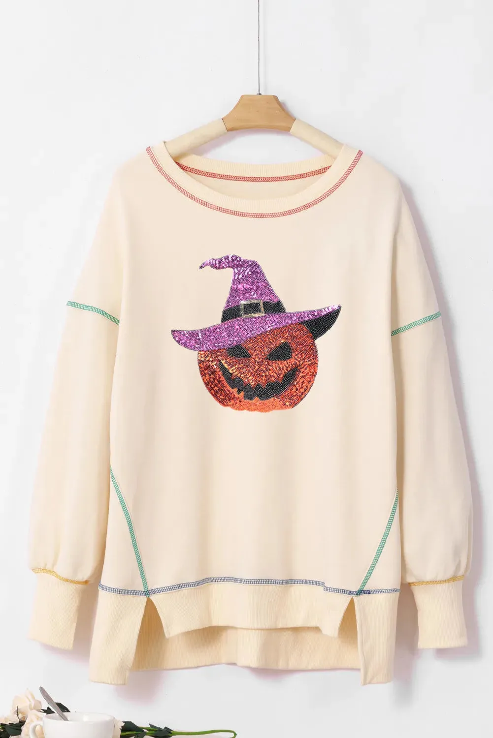 Contrast Stitching Sequin Pumpkin Round Neck Long Sleeve Sweatshirt