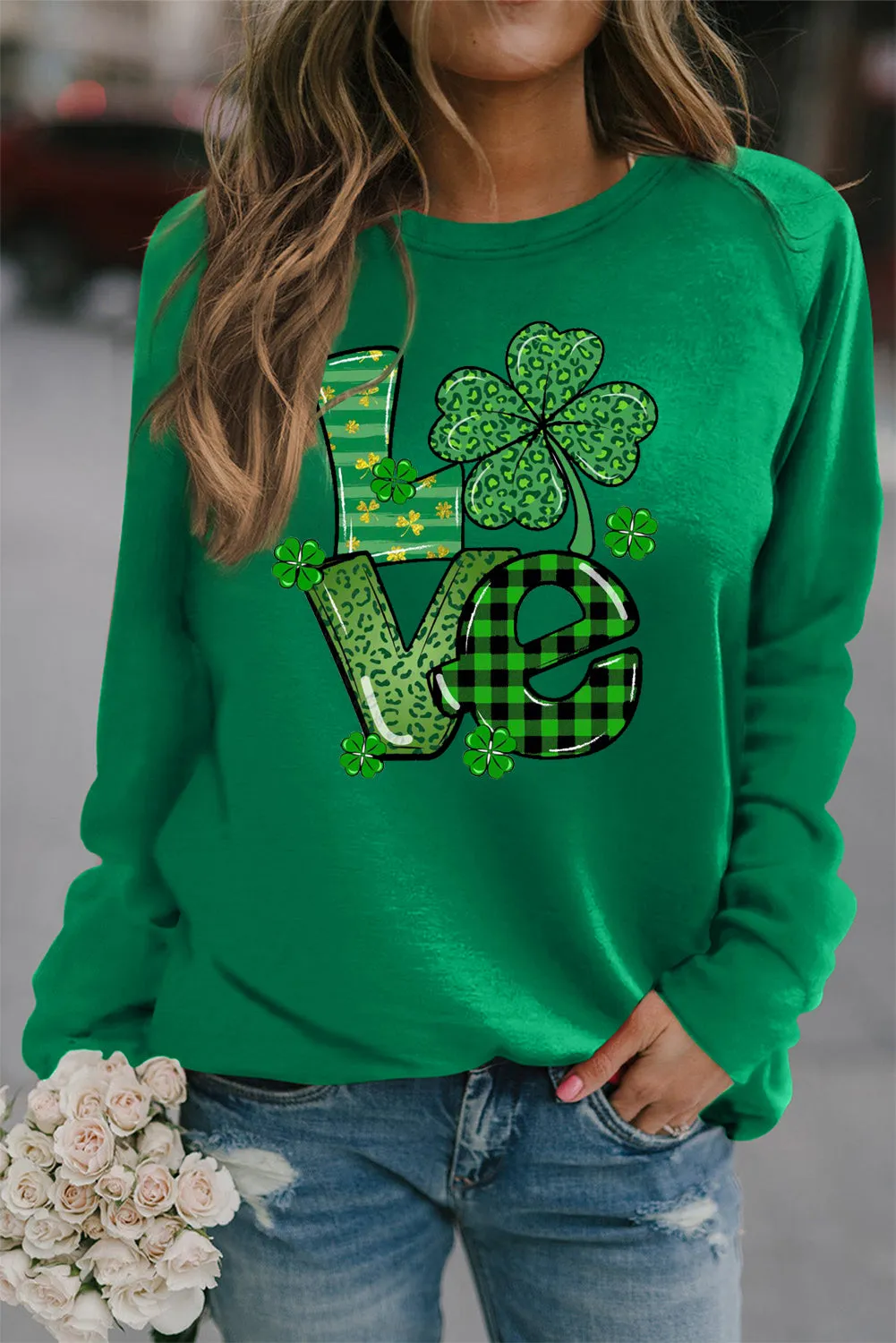 Four-Leaf Clover Graphic Crewneck Sweatshirt for St. Patrick's Day Style