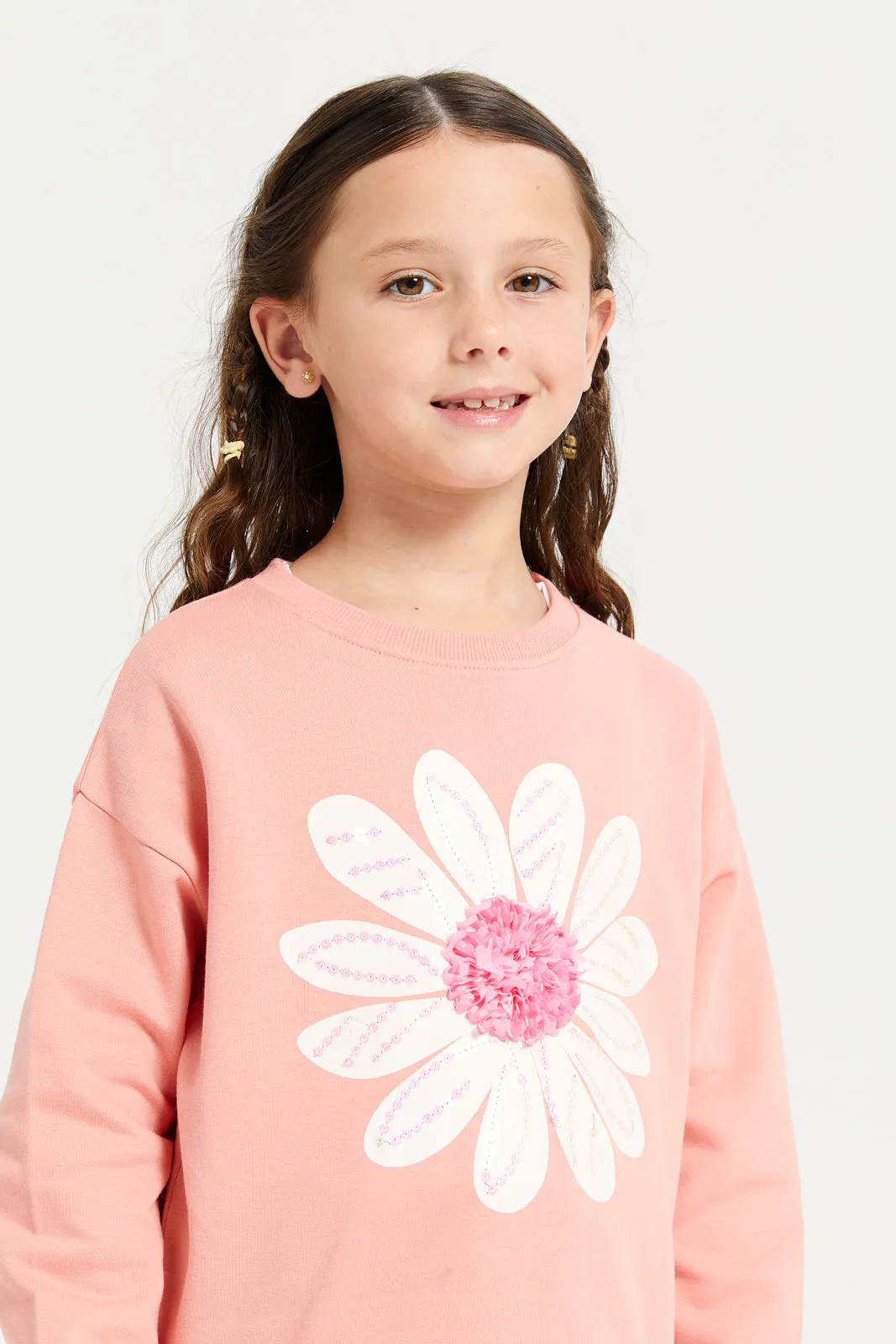 Girls Coral Flower Sequins Sweatshirt