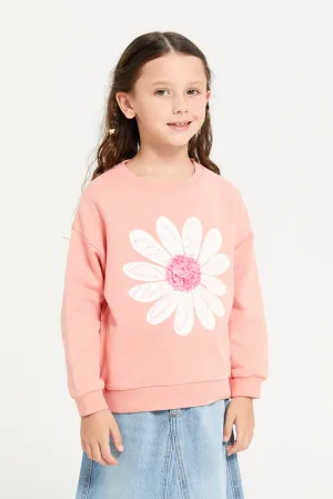 Girls Coral Flower Sequins Sweatshirt