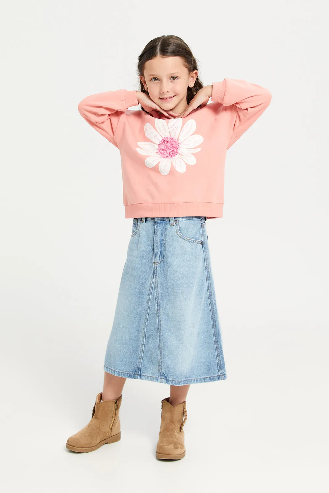 Girls Coral Flower Sequins Sweatshirt