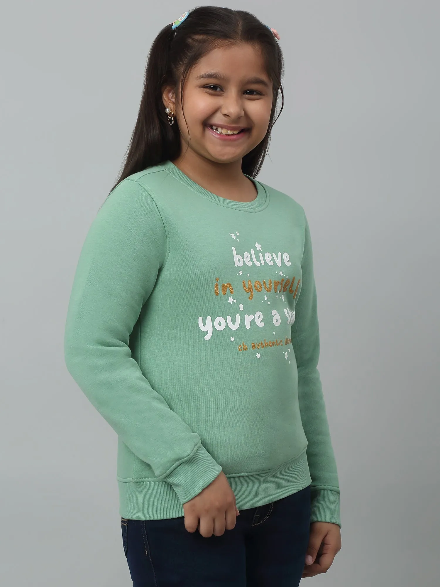 Girls Green Printed Round Neck Sweatshirt For Winter