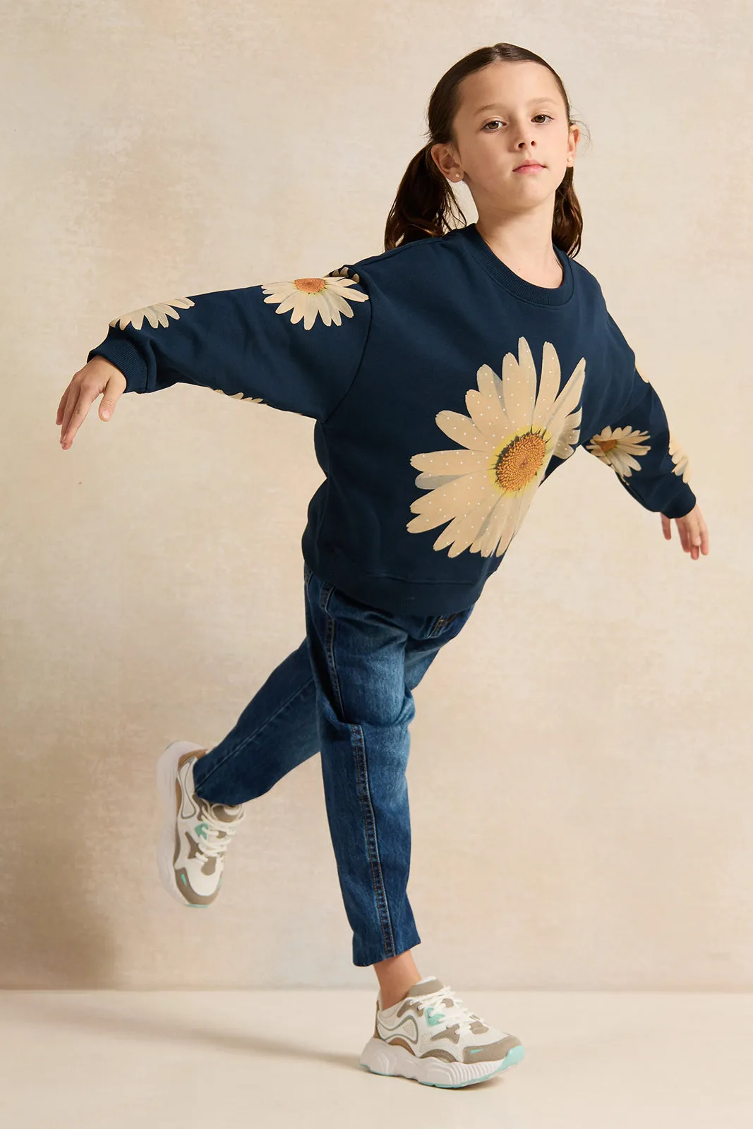 Girls Navy Flower Printed Sweatshirt