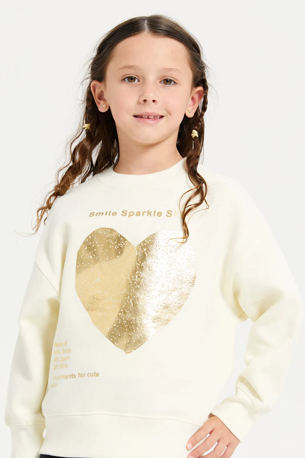 Girls White Foil Heart Sweatshirt