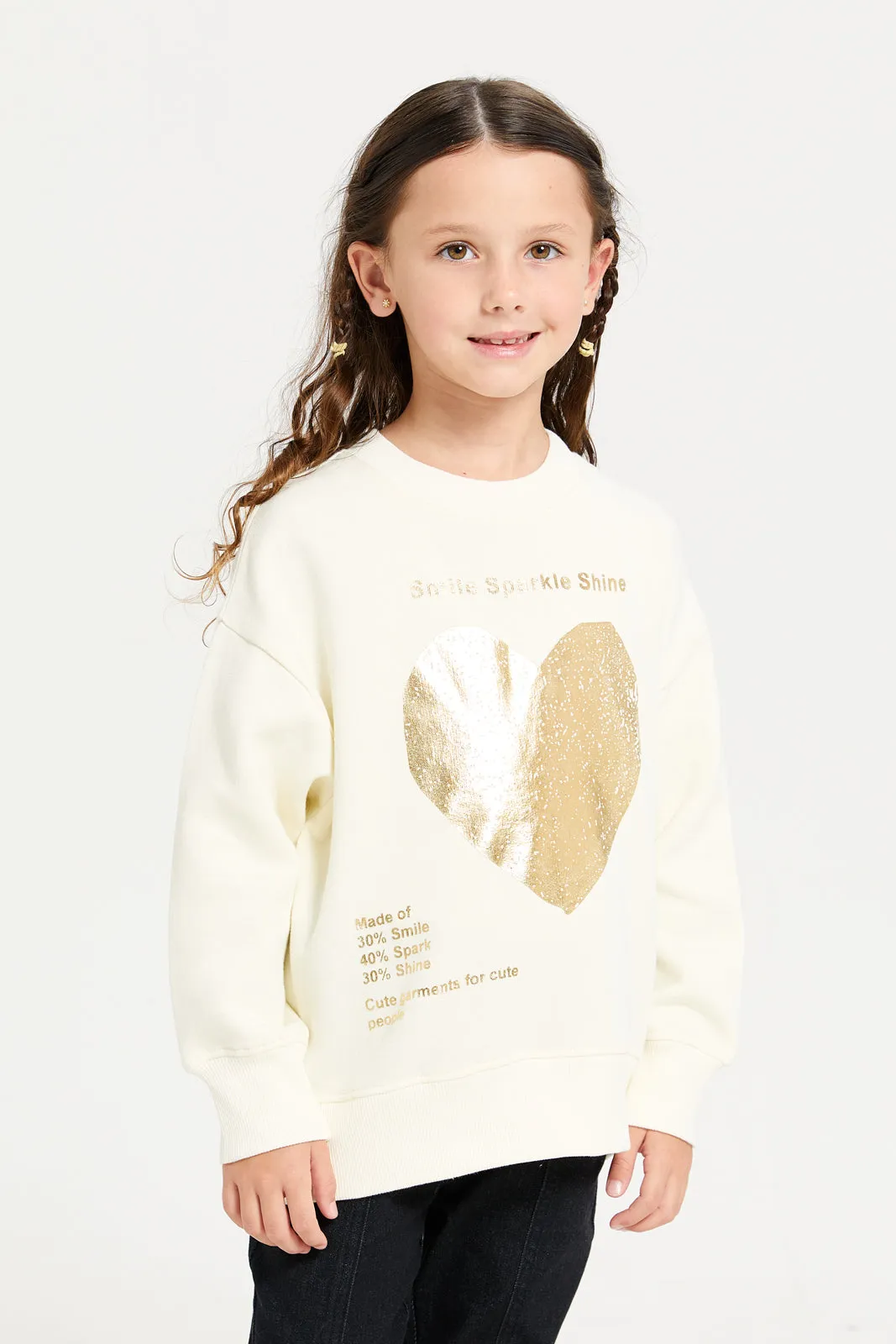 Girls White Foil Heart Sweatshirt