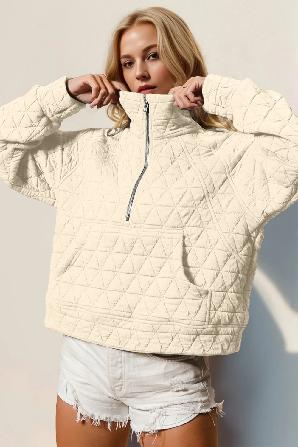 Half Zip Long Sleeve Quilted Sweatshirt with Pocket