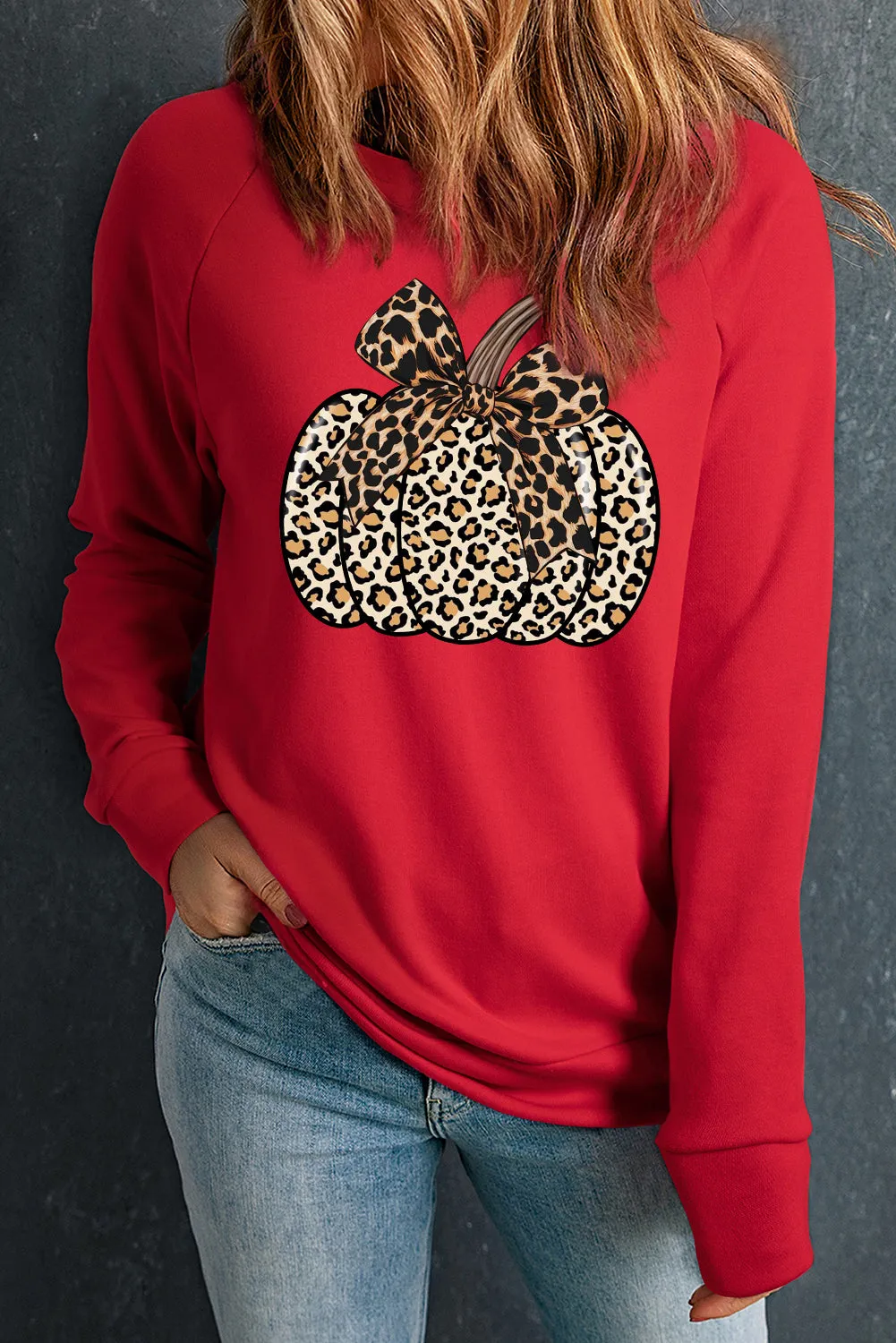 Halloween Plain Crew Neck Pumpkin Pattern Pullover Sweatshirt