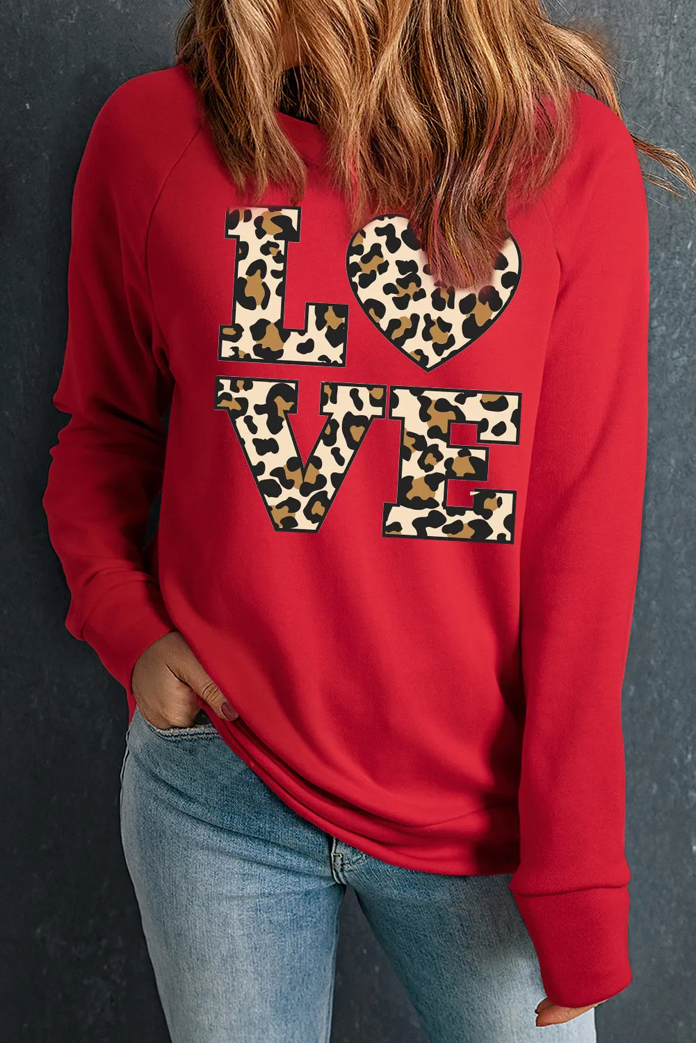 Heart Leopard LOVE Print Crew Neck Pullover Sweatshirt