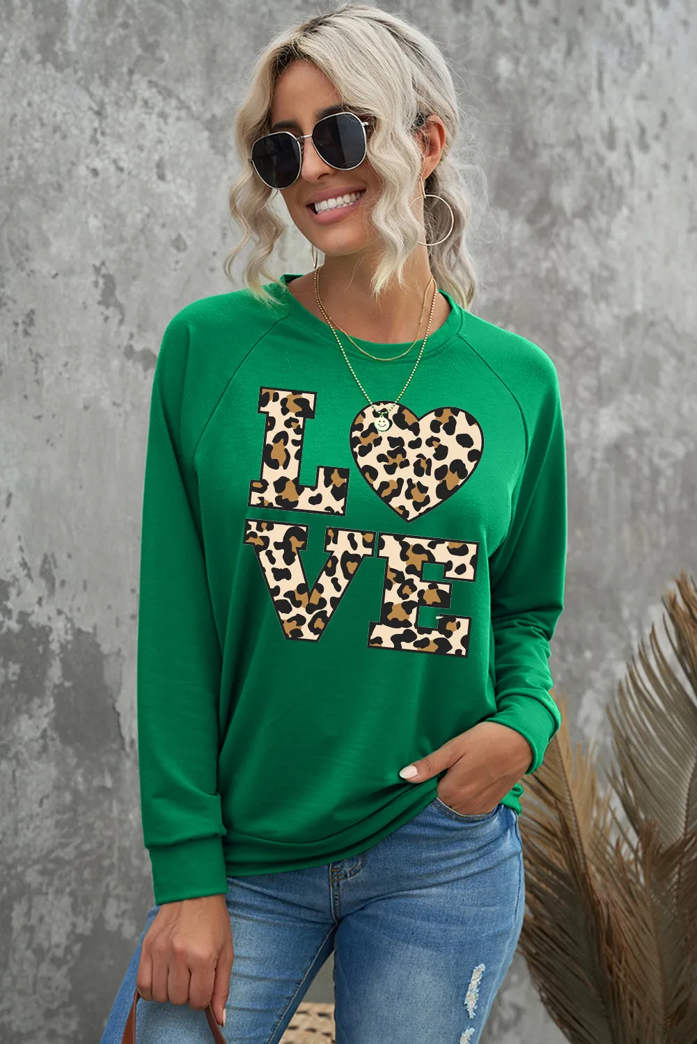 Heart Leopard LOVE Print Crew Neck Pullover Sweatshirt