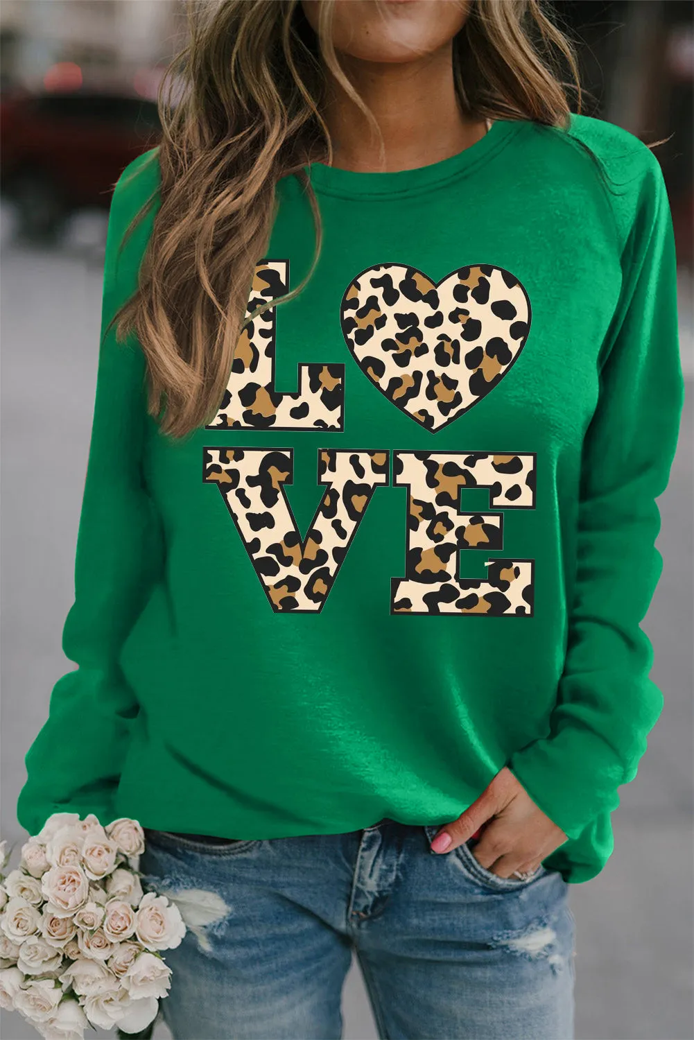 Heart Leopard LOVE Print Crew Neck Pullover Sweatshirt