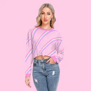 Kawaii Sparkle Cake Rainbow Beam Women's Crop Top Long Sleeve Sweatshirt With Hem Drawstring