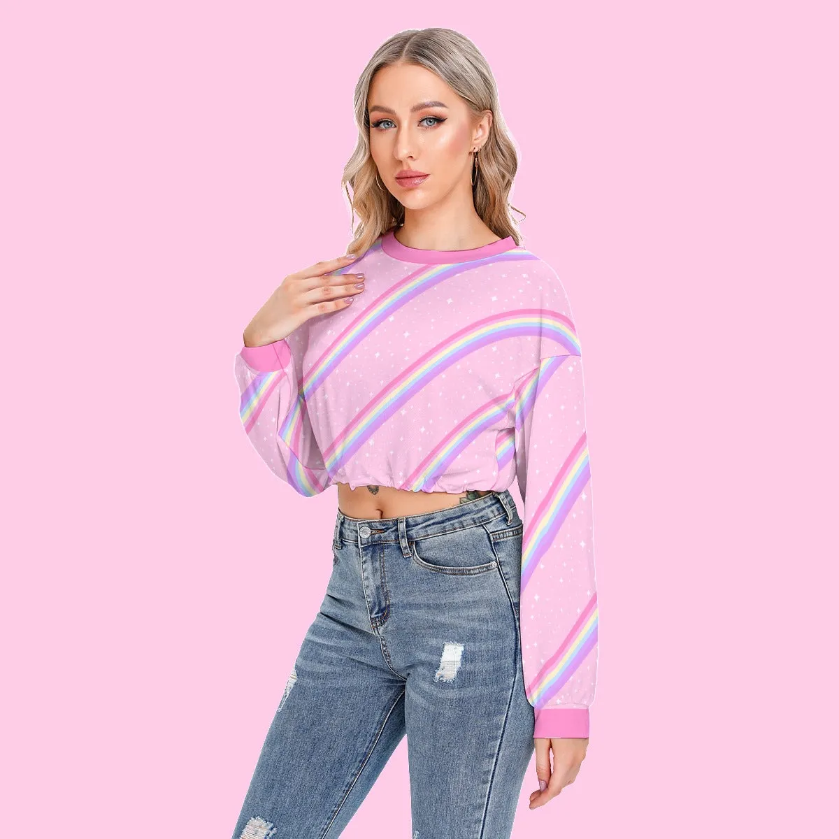 Kawaii Sparkle Cake Rainbow Beam Women's Crop Top Long Sleeve Sweatshirt With Hem Drawstring