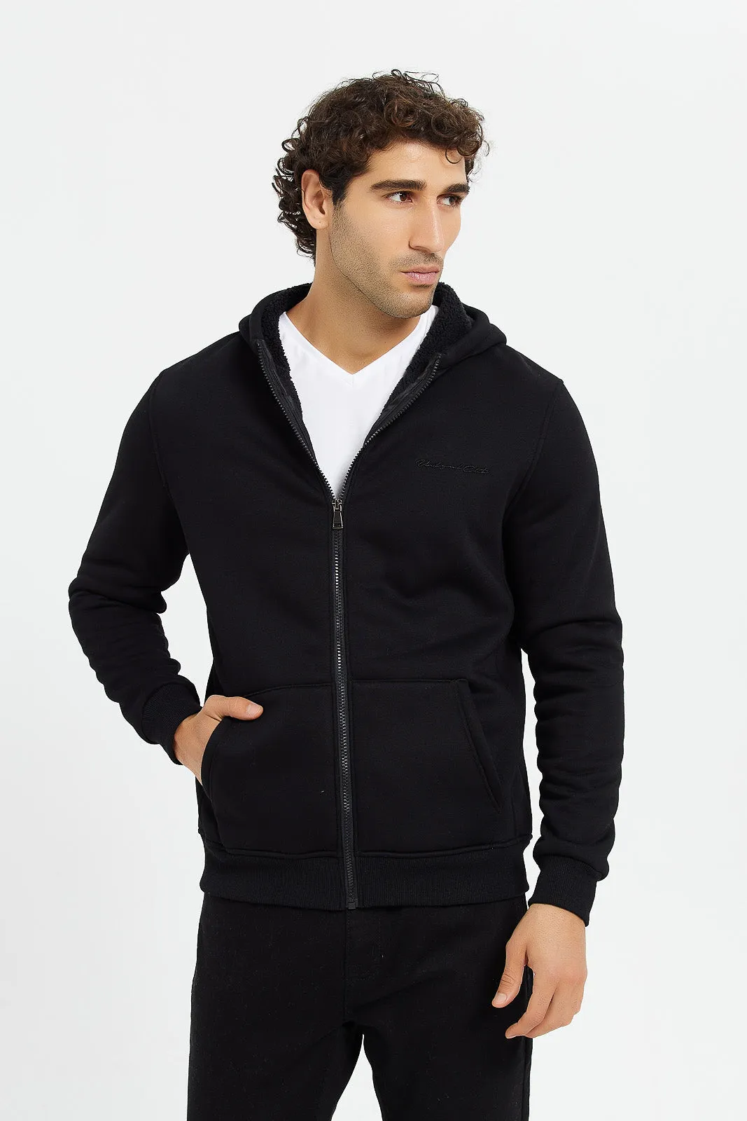 Men Black Faux Fur Zipper Hooded Sweatshirt