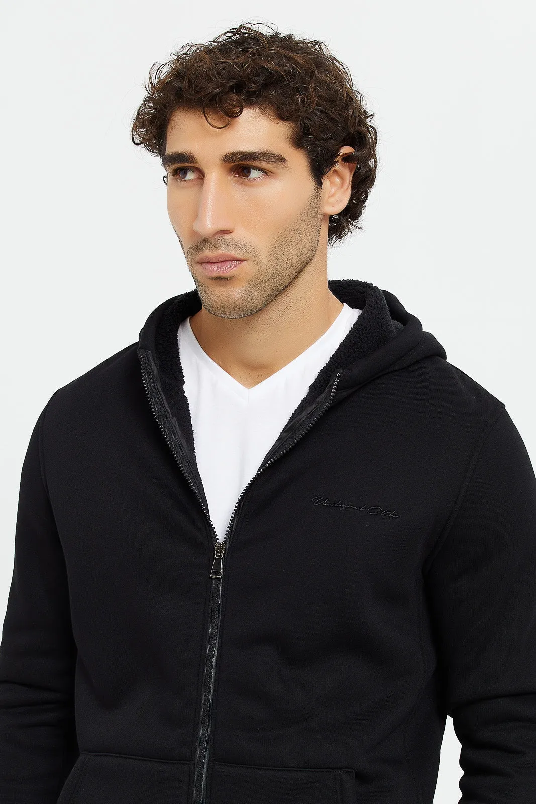 Men Black Faux Fur Zipper Hooded Sweatshirt