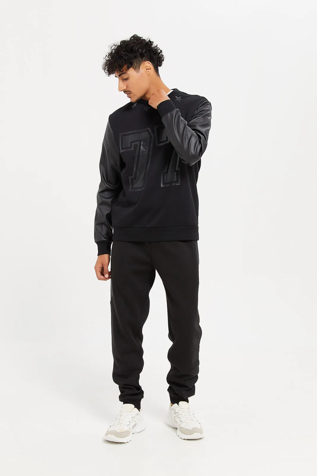 Men Black Faux Leather Sleeves Sweatshirt