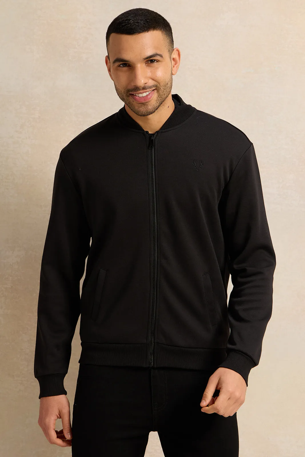 Men Black Knitted Zip Thru Bomber Jacket