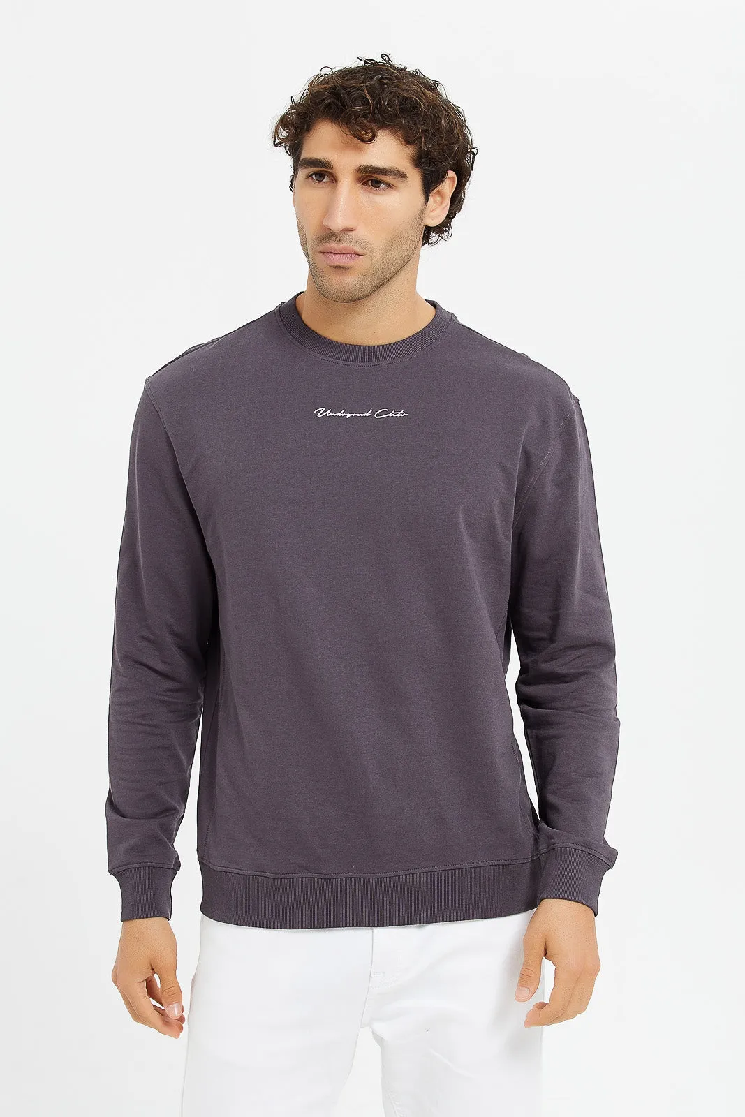 Men Charcoal Embroidered Sweatshirt