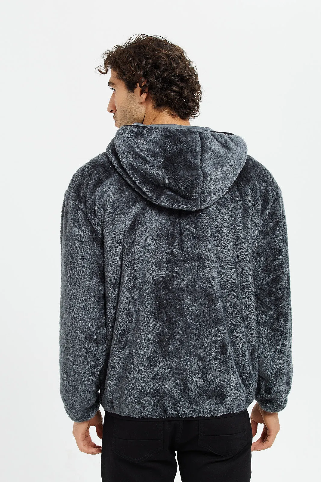 Men Charcoal Shaggy Fleece Hooded Sweatshirt