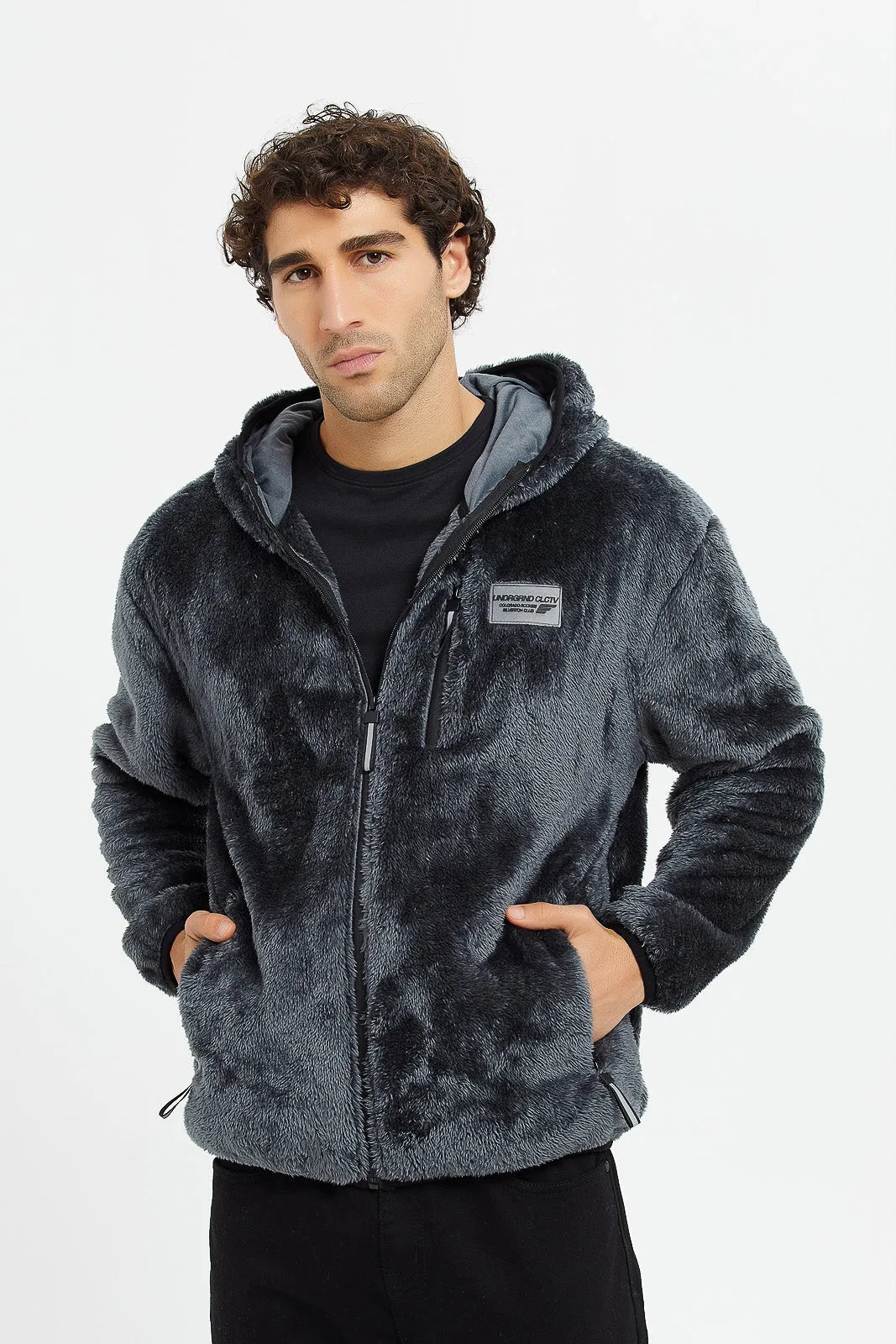 Men Charcoal Shaggy Fleece Hooded Sweatshirt