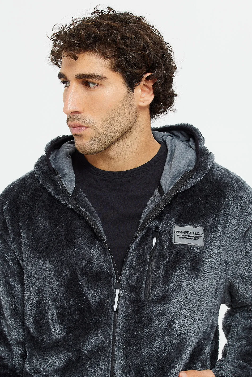 Men Charcoal Shaggy Fleece Hooded Sweatshirt