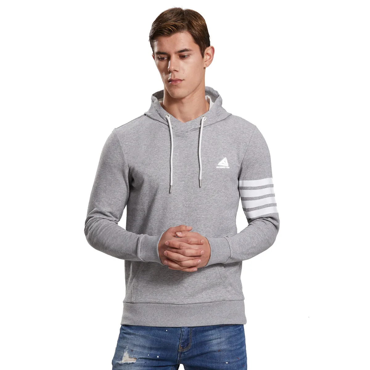 Mens Hoodie Sweatshirt Stripe Print Jumper grey or navy