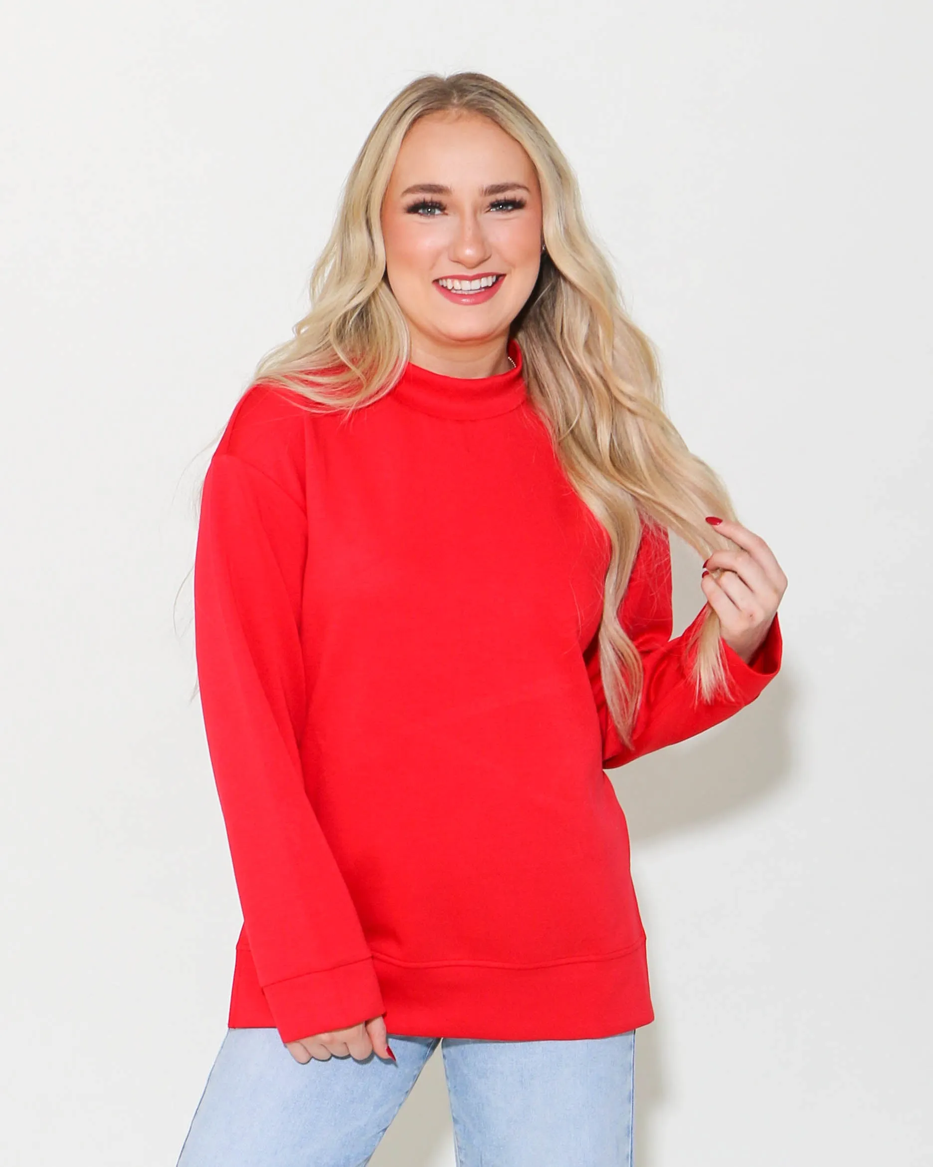 Red Solid Mock Neck Sweatshirts Top