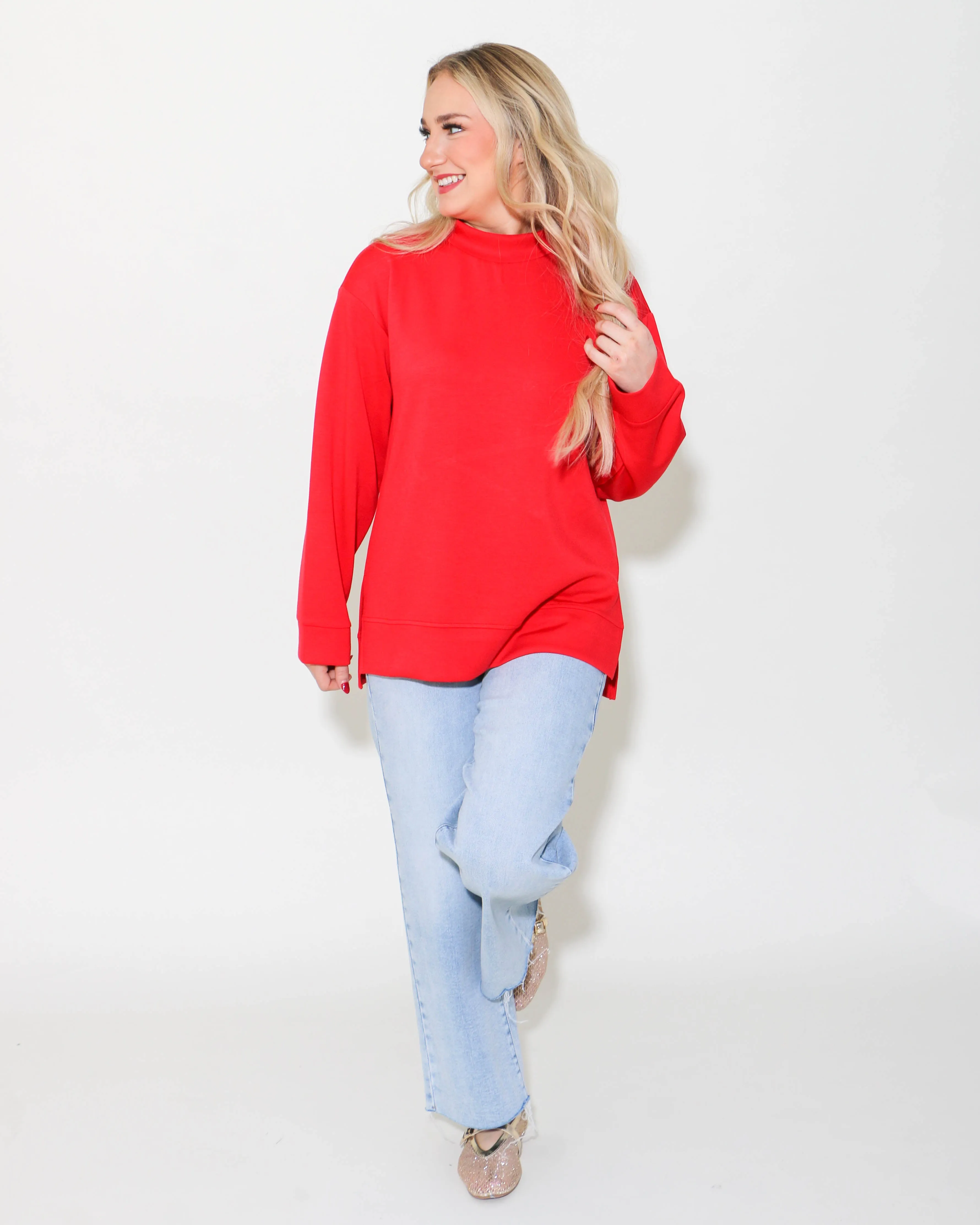 Red Solid Mock Neck Sweatshirts Top