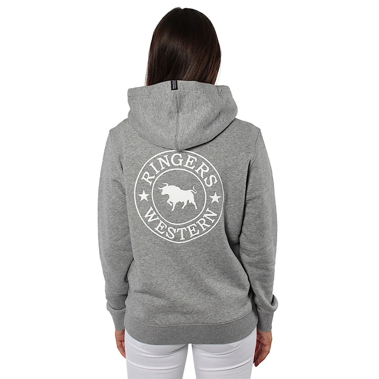 Ringers Western Signature Bull Women's Pullover Hoodie - Grey Marle with White Print