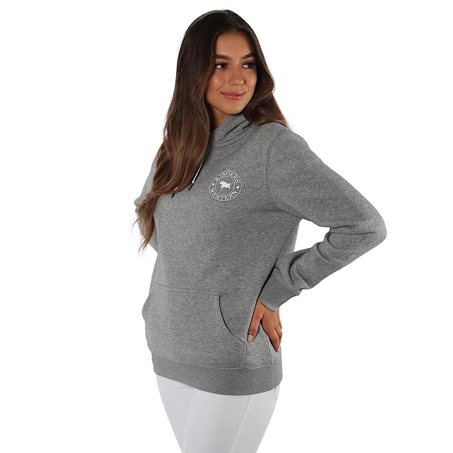 Ringers Western Signature Bull Women's Pullover Hoodie - Grey Marle with White Print