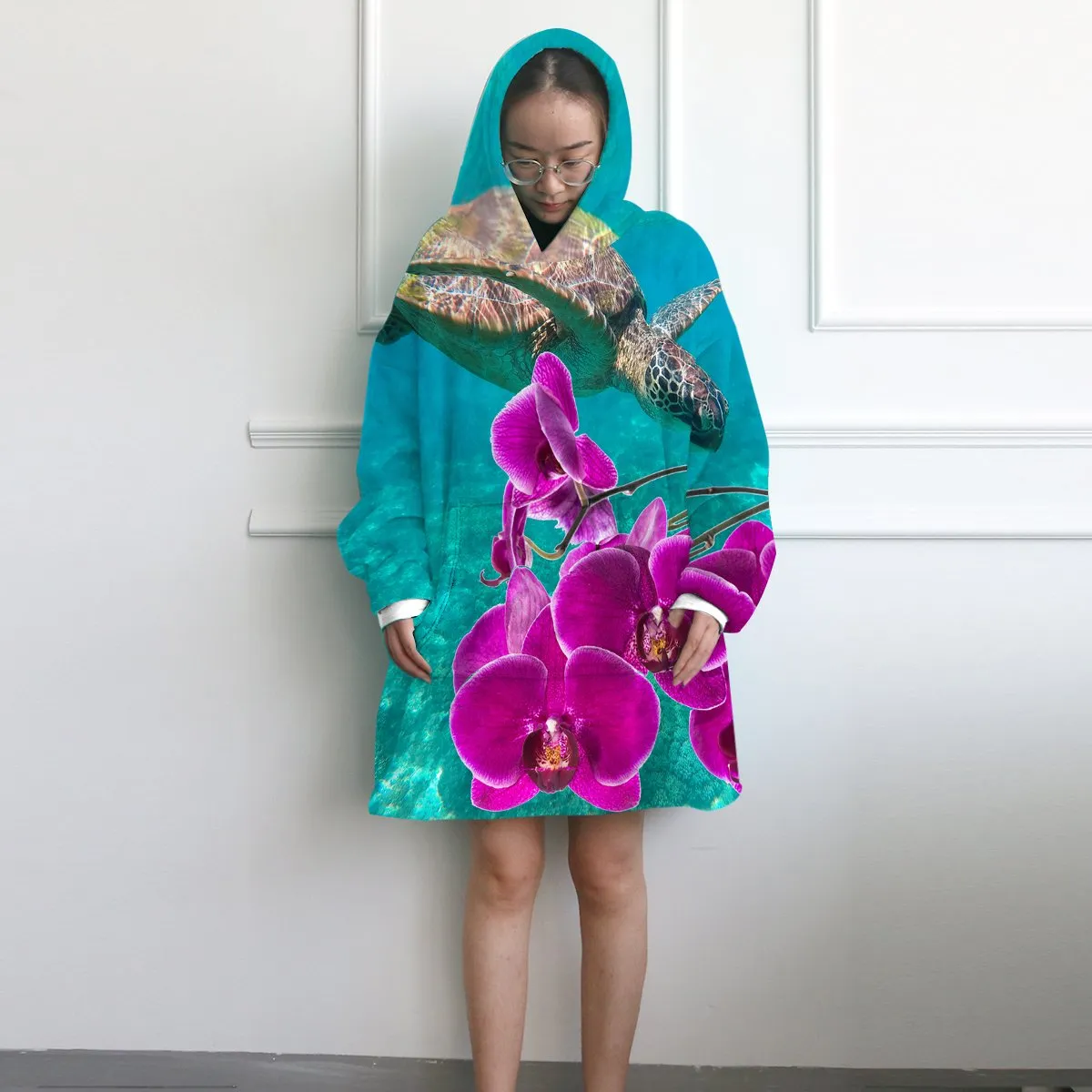 Sea Turtle and Orchids Wearable Blanket Hoodie