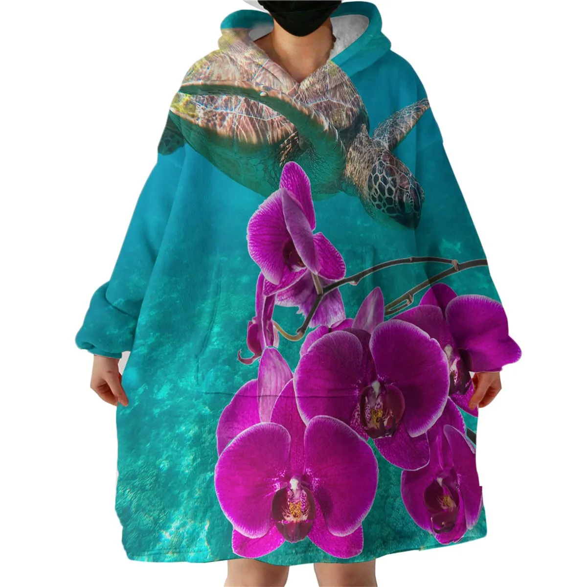 Sea Turtle and Orchids Wearable Blanket Hoodie