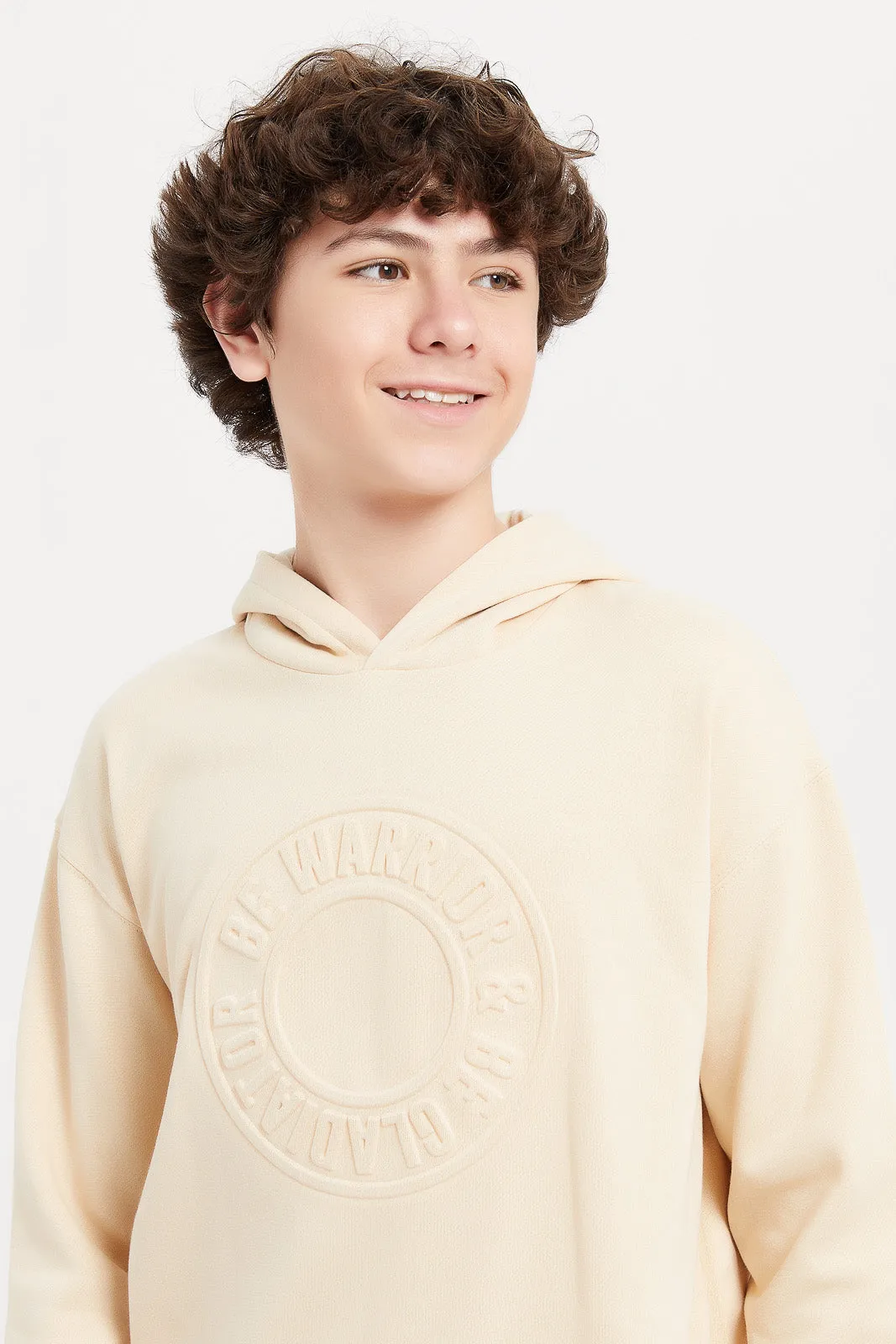 Senior Boys Beige Emboss Over Size Hoody Sweatshirt