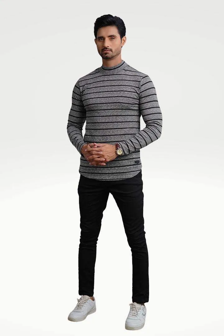 Silvered Slate Mock Neck Striped Sweatshirt