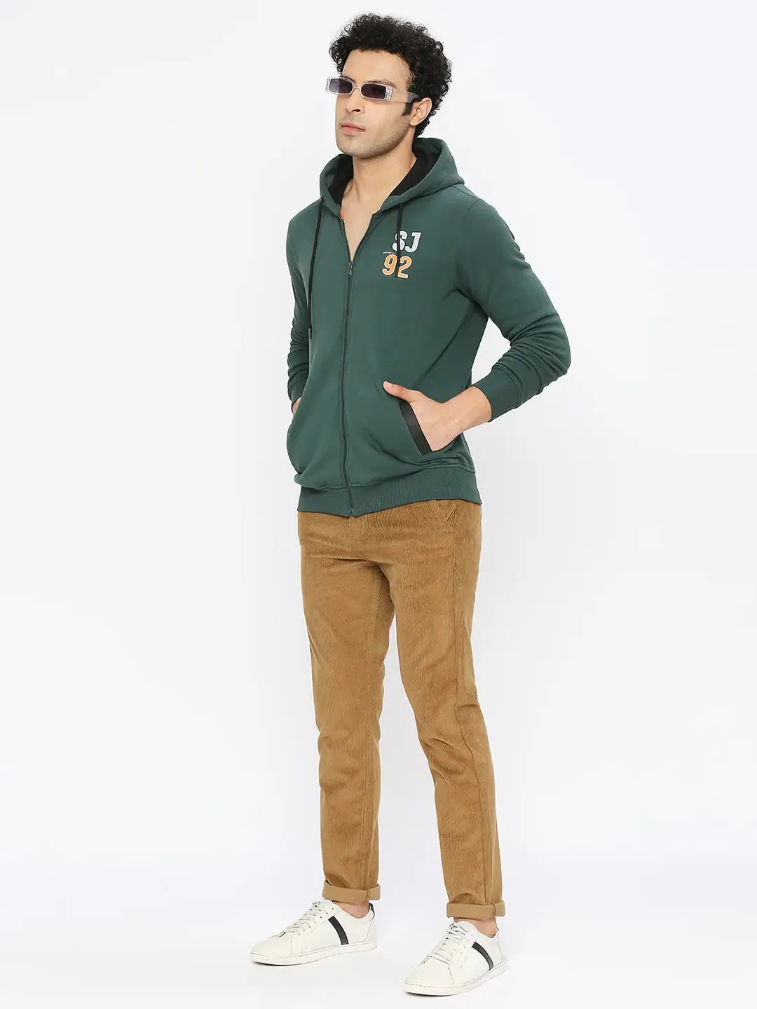 Spykar Men Forest Green Blended Regular Fit Plain Hoodie