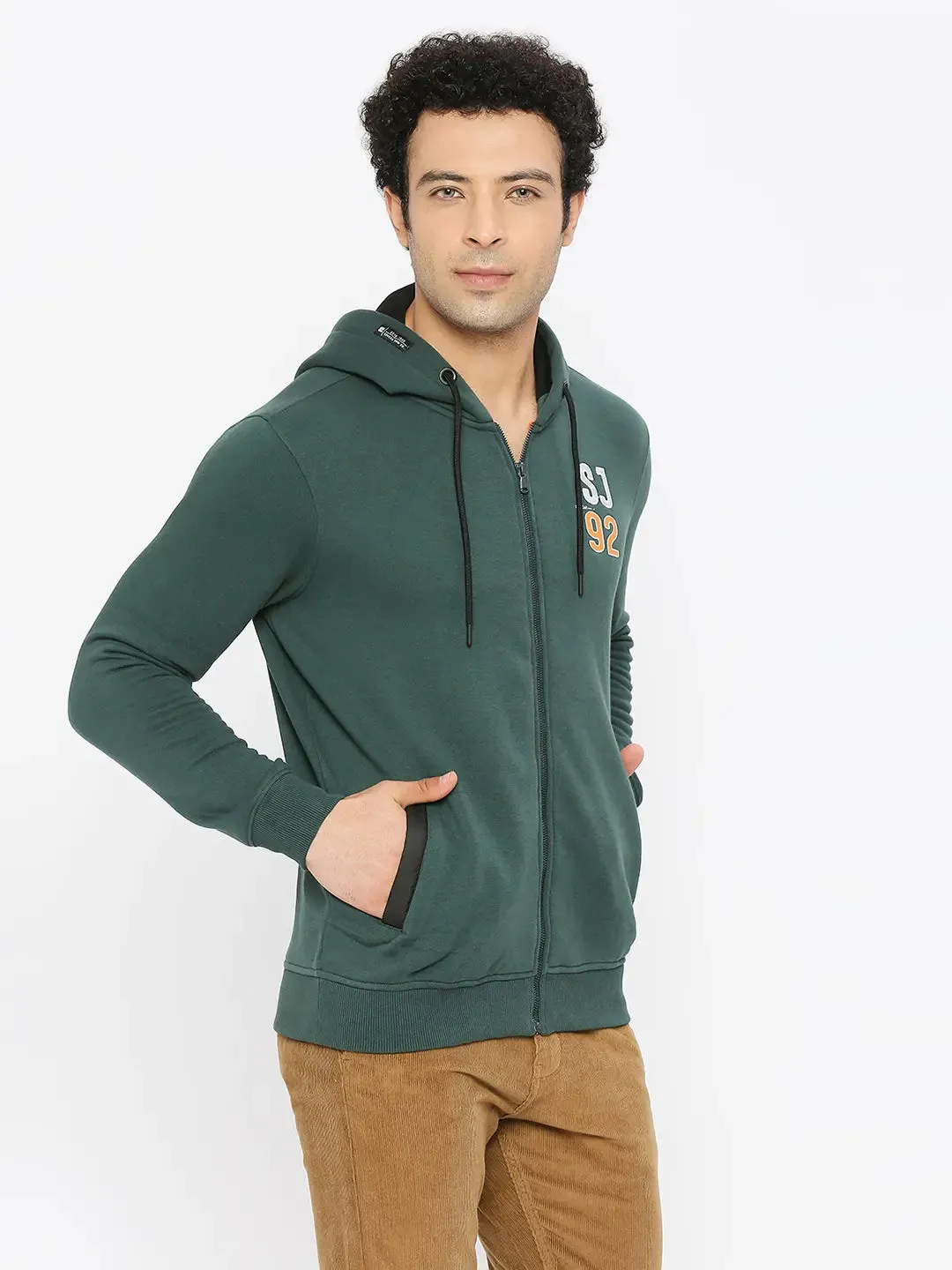 Spykar Men Forest Green Blended Regular Fit Plain Hoodie