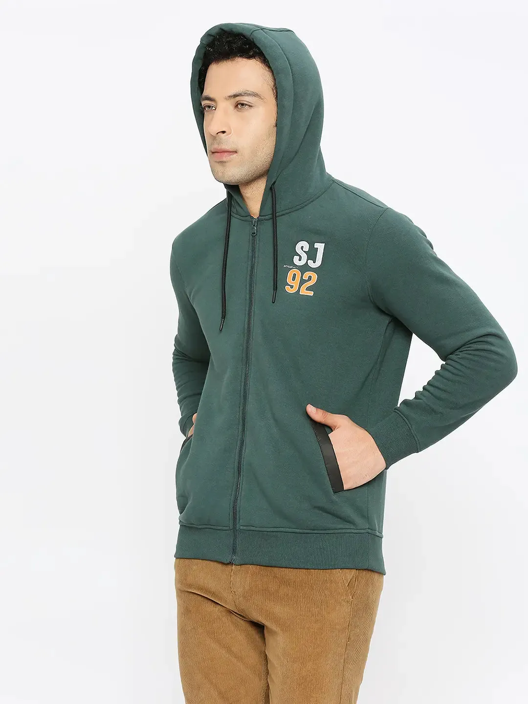 Spykar Men Forest Green Blended Regular Fit Plain Hoodie