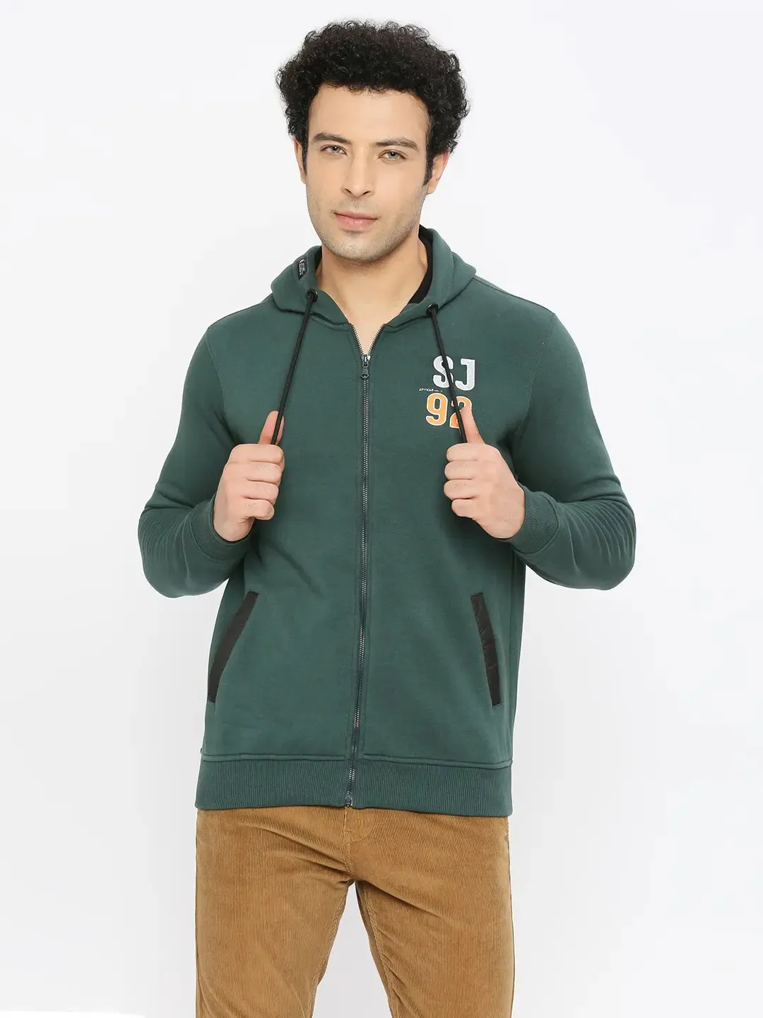 Spykar Men Forest Green Blended Regular Fit Plain Hoodie