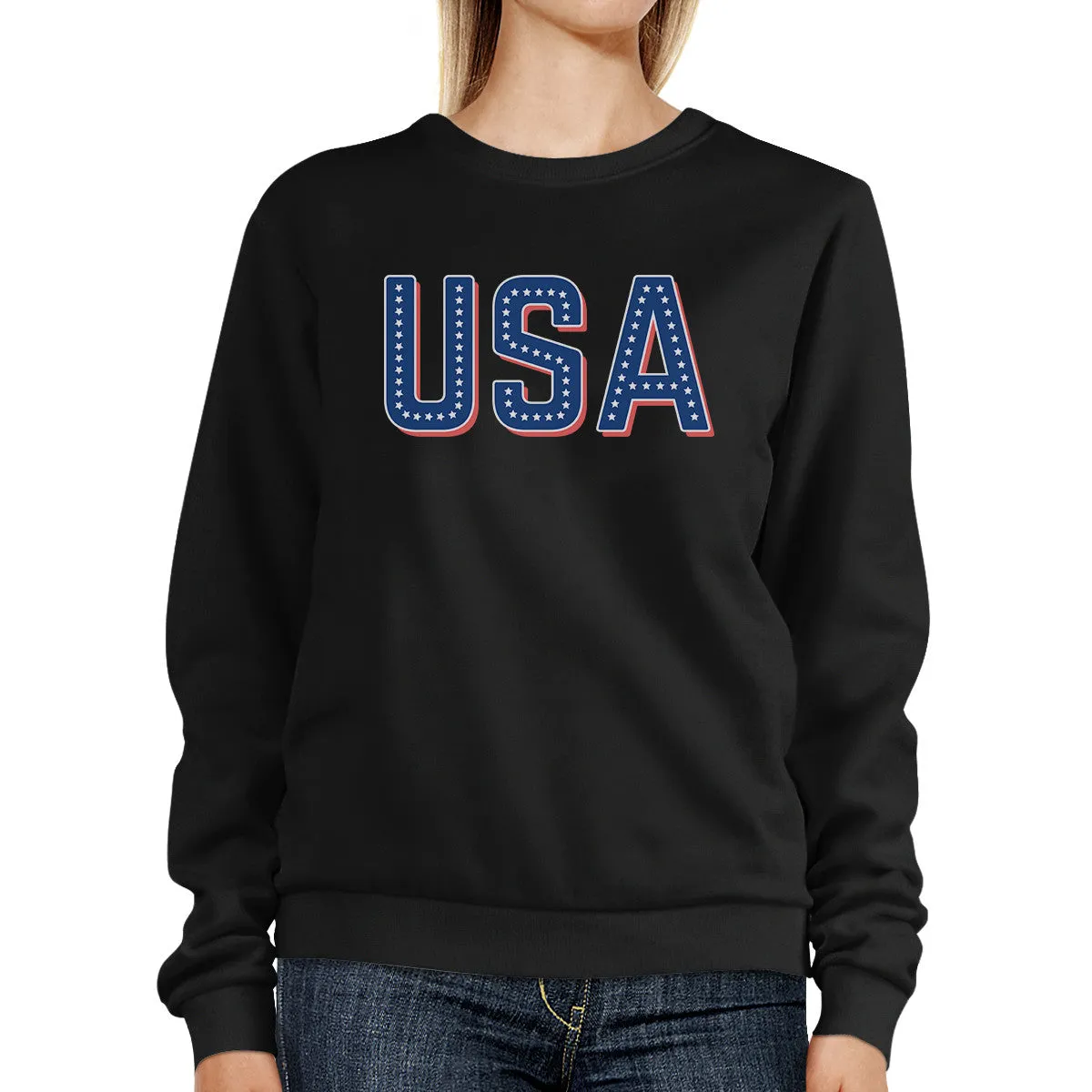 USA With Stars Unisex Black Pullover Sweatshirt For 4th Of July