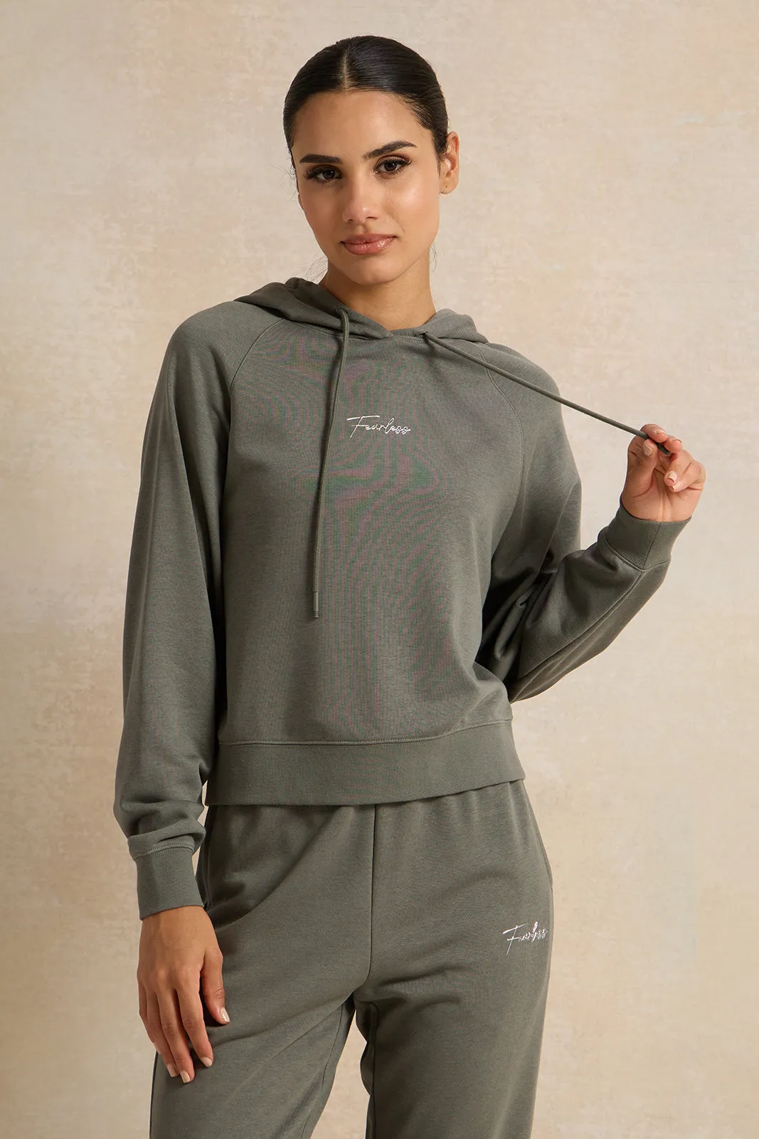 Women Grey Placement Print Hooded Sweatshirt